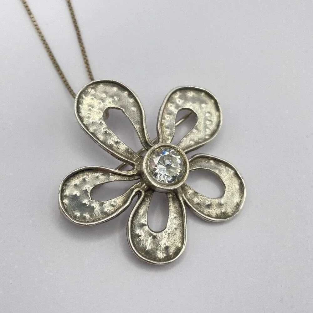 Silpada I1540‎ Sterling Silver Convertible Flower Pendant Brooch CZ Center